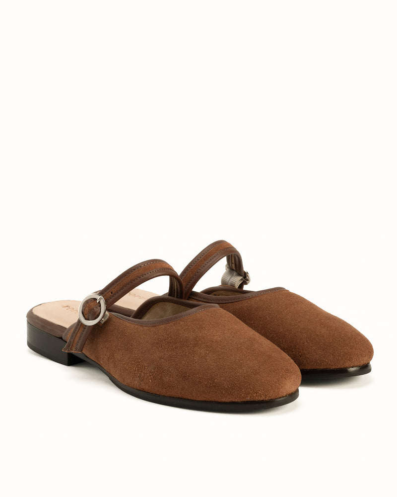 Angled view of The Modern-Day Mule Hazelnut Suede in Brown suede. Sizes 5–12, wide available