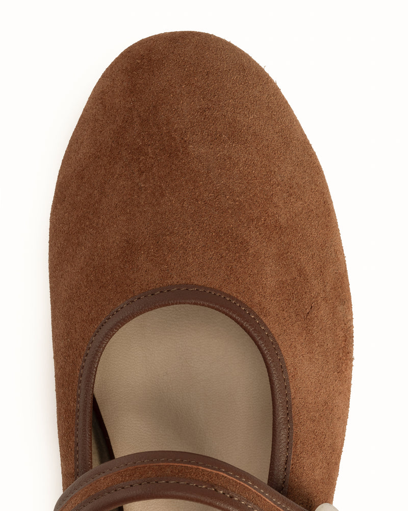 Close-up detail of The Modern-Day Mule Hazelnut Suede in Brown suede. Sizes 5–12, wide available