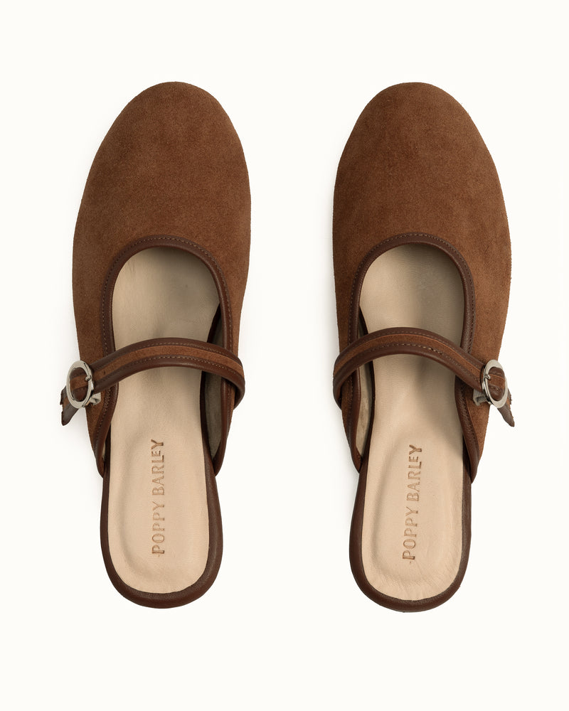 Top view of The Modern-Day Mule Hazelnut Suede in Brown suede. Sizes 5–12, wide available
