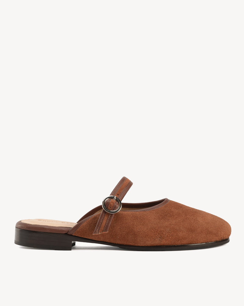 Side view of The Modern-Day Mule Hazelnut Suede in Brown suede. Sizes 5–12, wide available