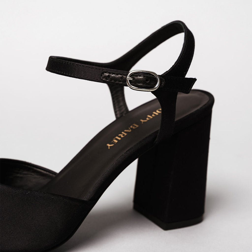 The Monica Heeled Sandal Black Satin