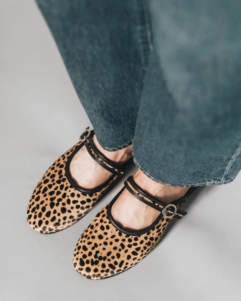 The Modern-Day Mule Cheetah Calf Hair in Animal Print leather. Sizes 5–12