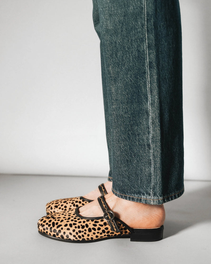 The Modern-Day Mule Cheetah Calf Hair in Animal Print leather. Sizes 5–12
