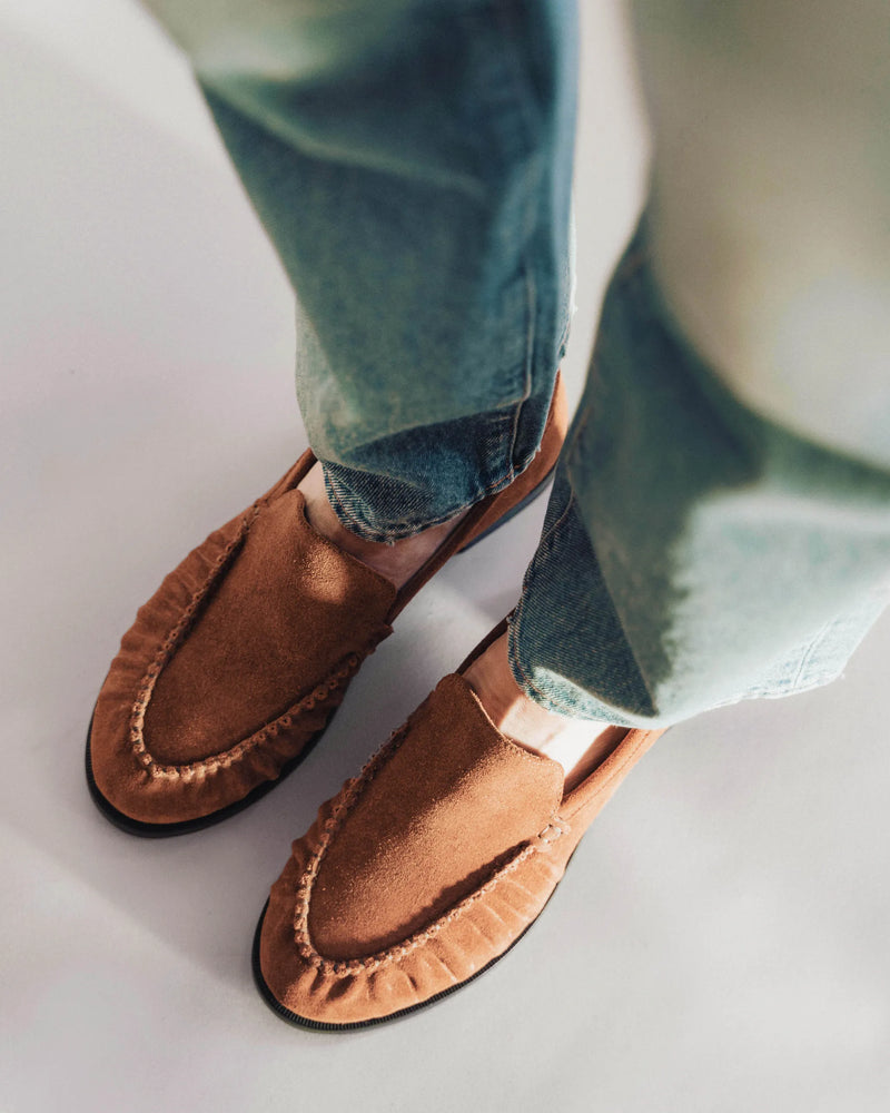 The Laid Back Loafer Hazelnut Suede in Brown suede. Sizes 5–12, wide available