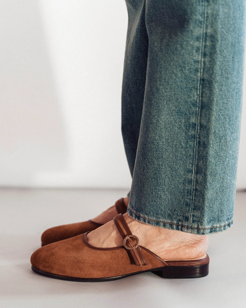 The Modern-Day Mule Hazelnut Suede in Brown suede. Sizes 5–12, wide available