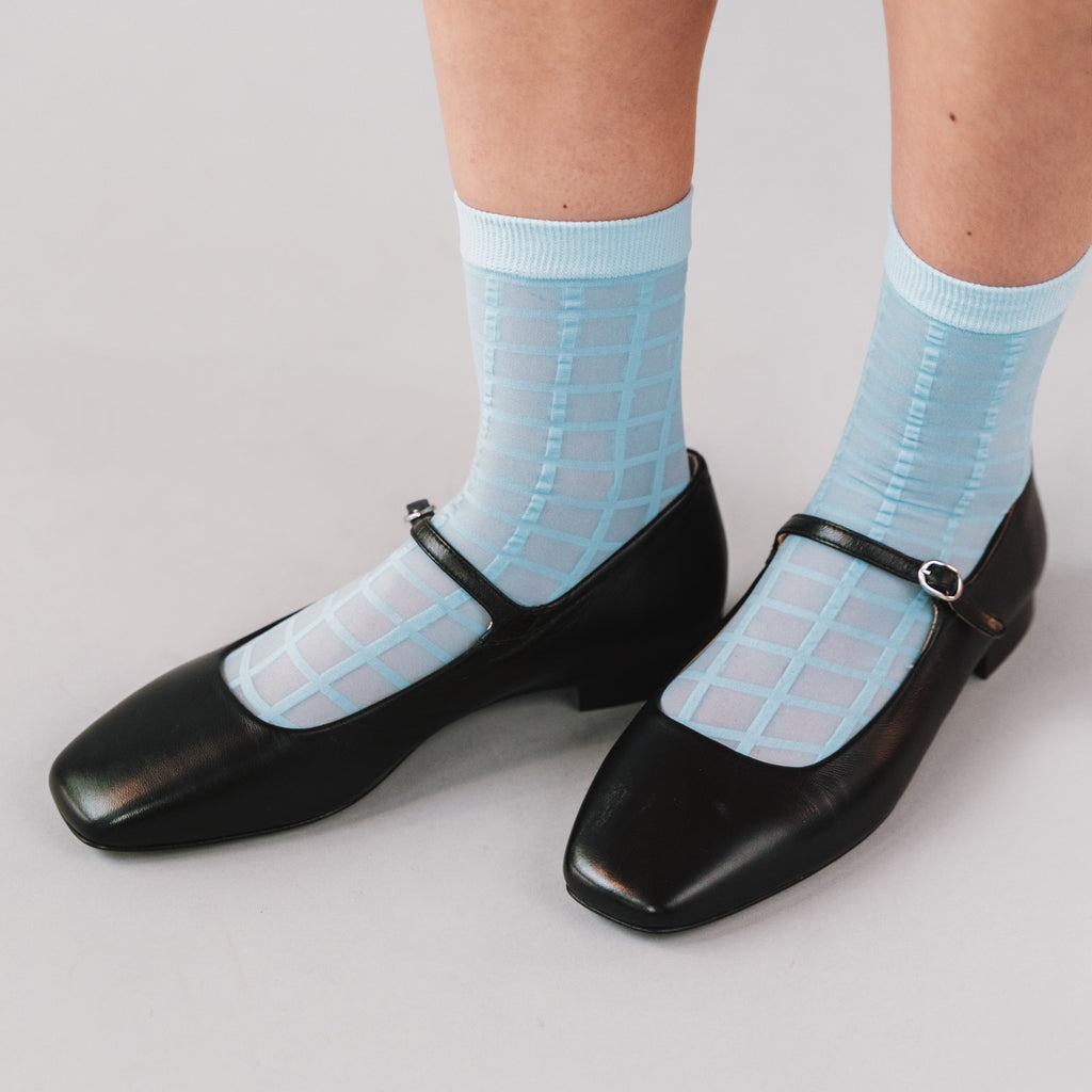 Rachel Checkered Sheer Socks in Sky Blue