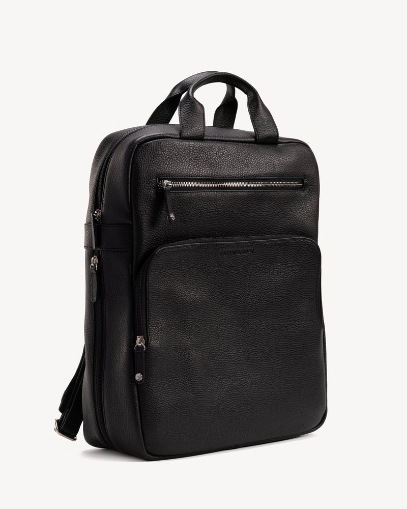 Back view of The Refined Backpack Black in pebbled leather