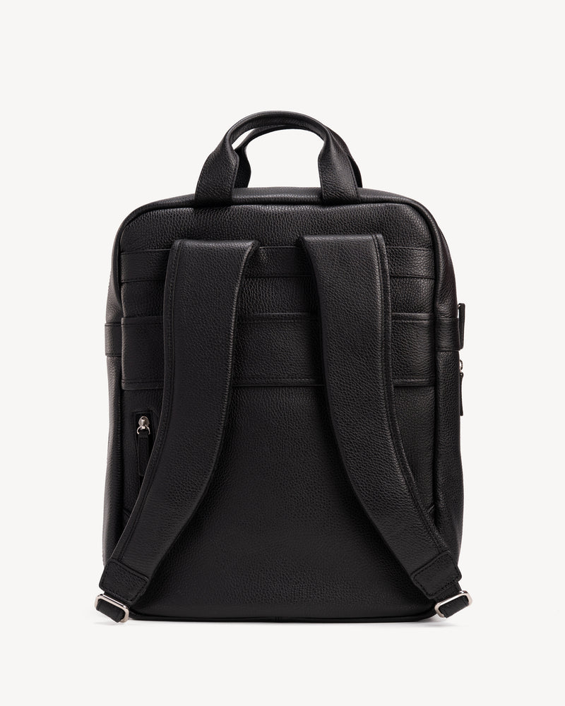 Back view of The Refined Backpack Black in pebbled leather