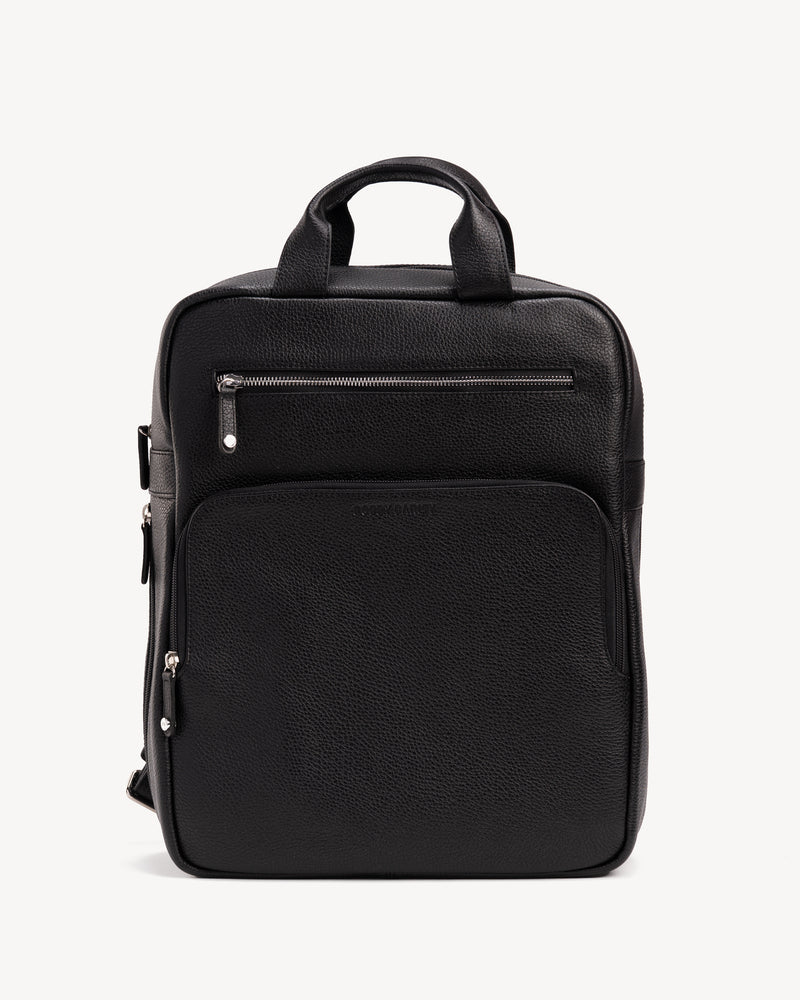 Front view of The Refined Backpack Black in pebbled leather