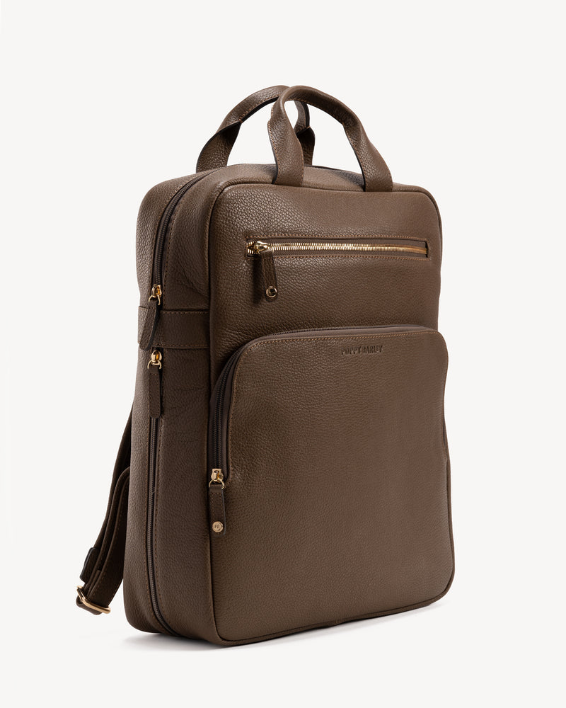 Back view of The Refined Backpack Tapenade in Green, Brown pebbled leather