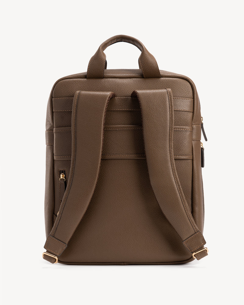 Back view of The Refined Backpack Tapenade in Green, Brown pebbled leather