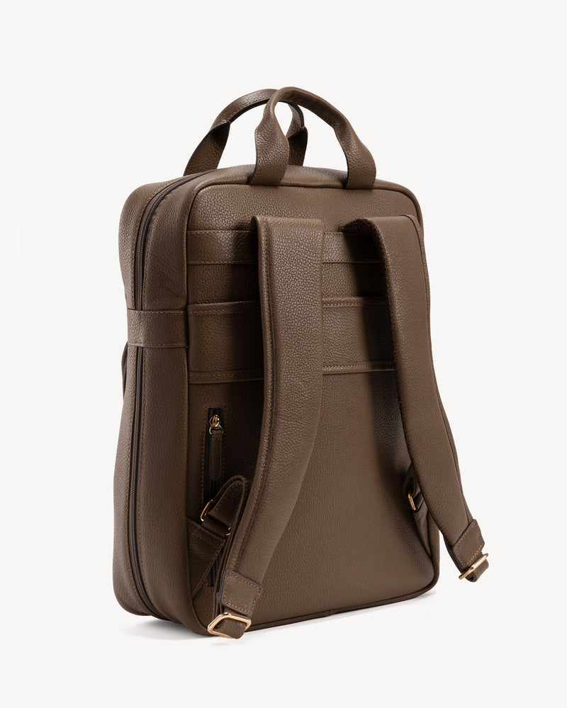 Back view of The Refined Backpack Tapenade in Green, Brown pebbled leather