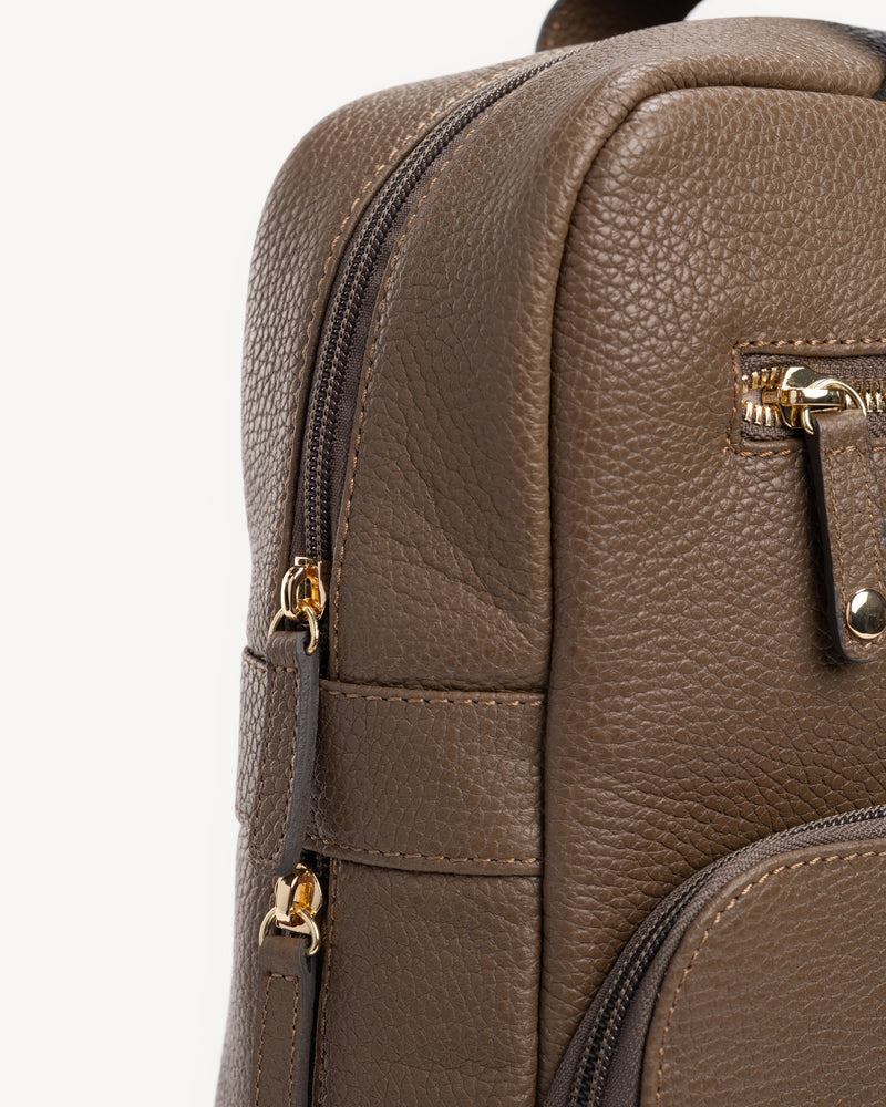 Back view of The Refined Backpack Tapenade in Green, Brown pebbled leather