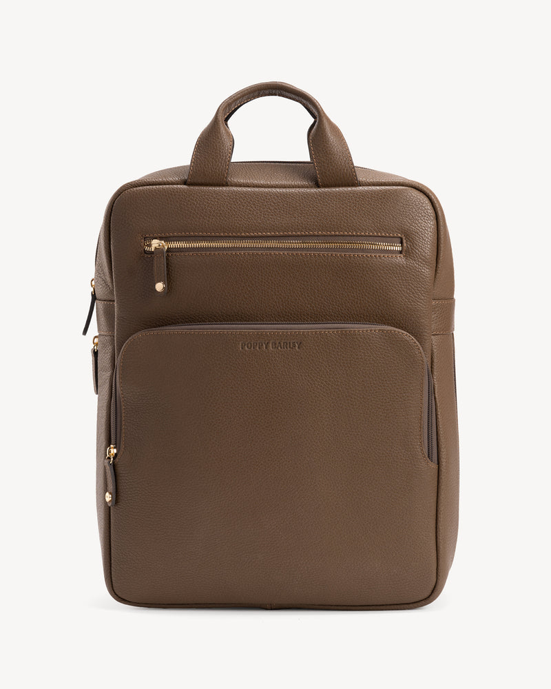 Front view of The Refined Backpack Tapenade in Green, Brown pebbled leather