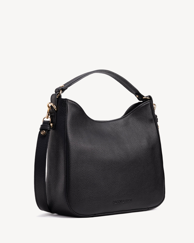 Angled view of The Sixteenth Tote Black in leather