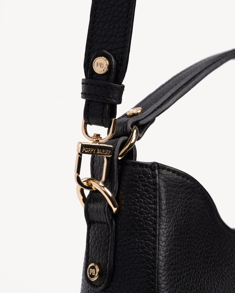 Close-up detail of The Sixteenth Tote Black in leather