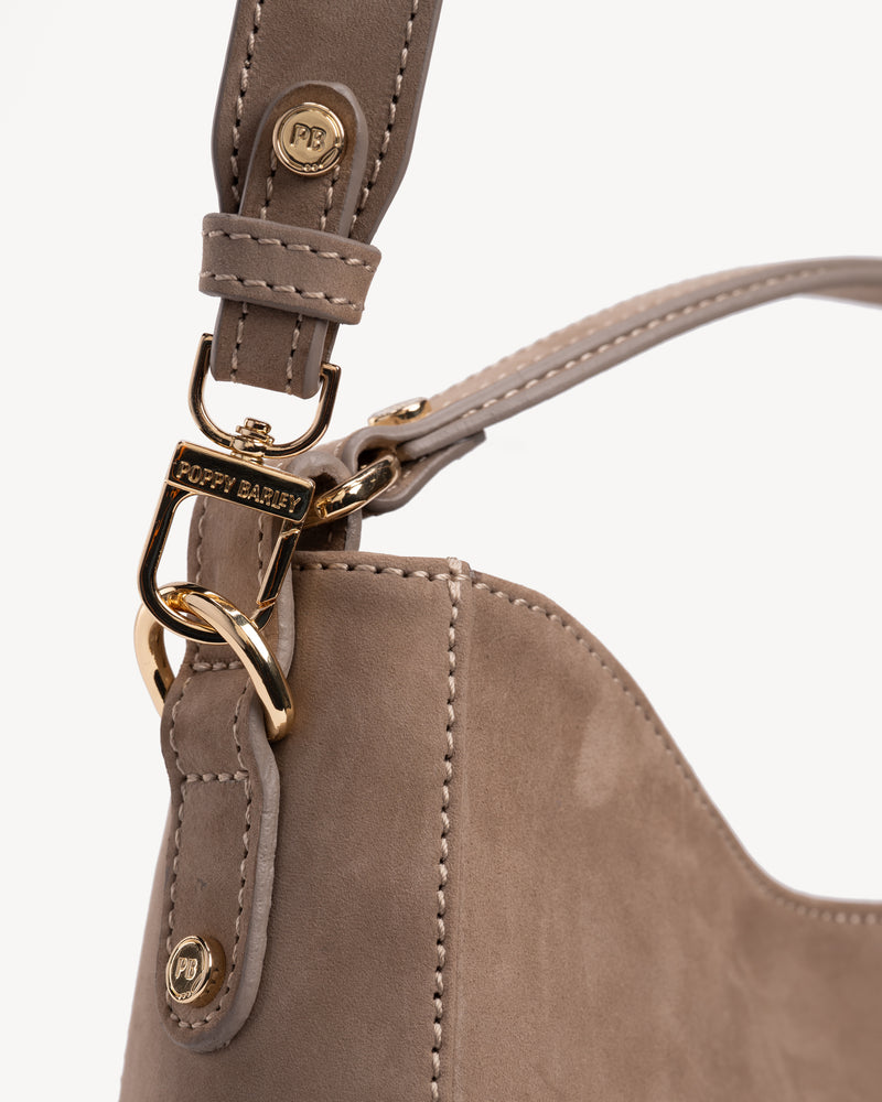 Close-up detail of The Sixteenth Tote Clay in Neutral nubuck