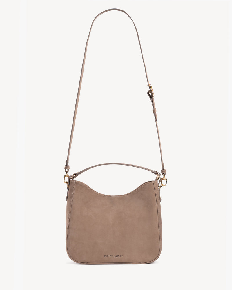 Front view of The Sixteenth Tote Clay in Neutral nubuck