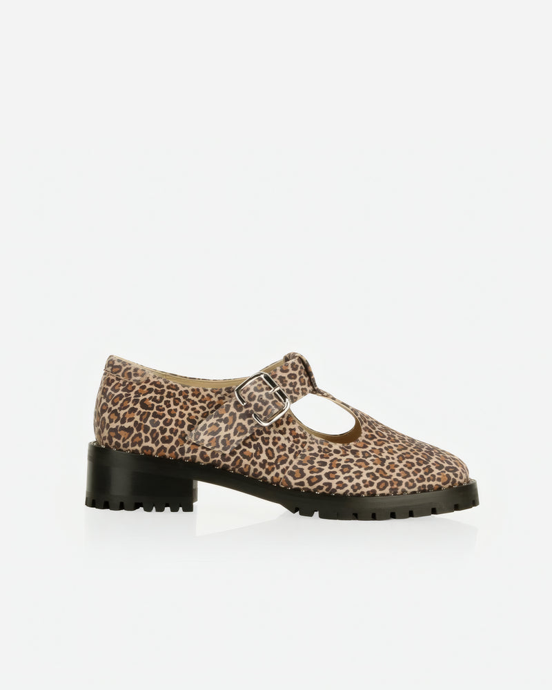 Side view of The Academy Mary Jane Micro Leopard in suede. Sizes 5–12
