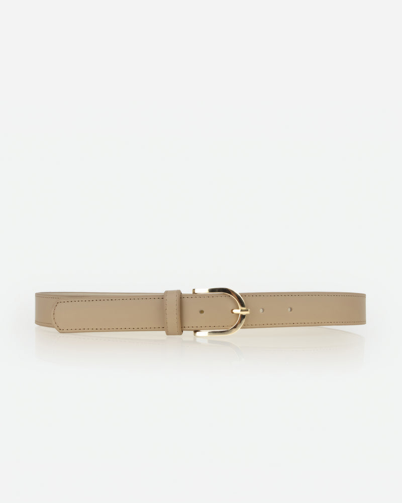 Front view of The Accent Belt Gold Biscotti in Neutral, Multicolored leather