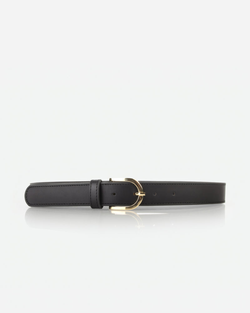 Front view of The Accent Belt Gold Black in Black, Multicolored leather