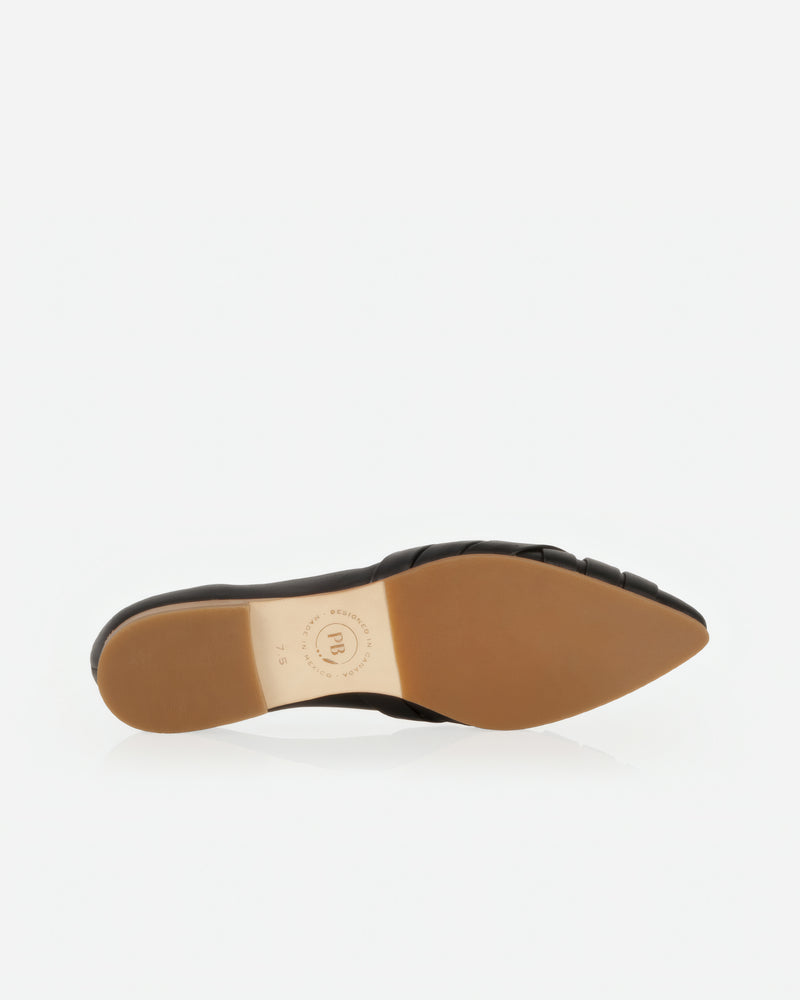 Flat lay of The Athena Flat Black in smooth leather. Sizes 5–12