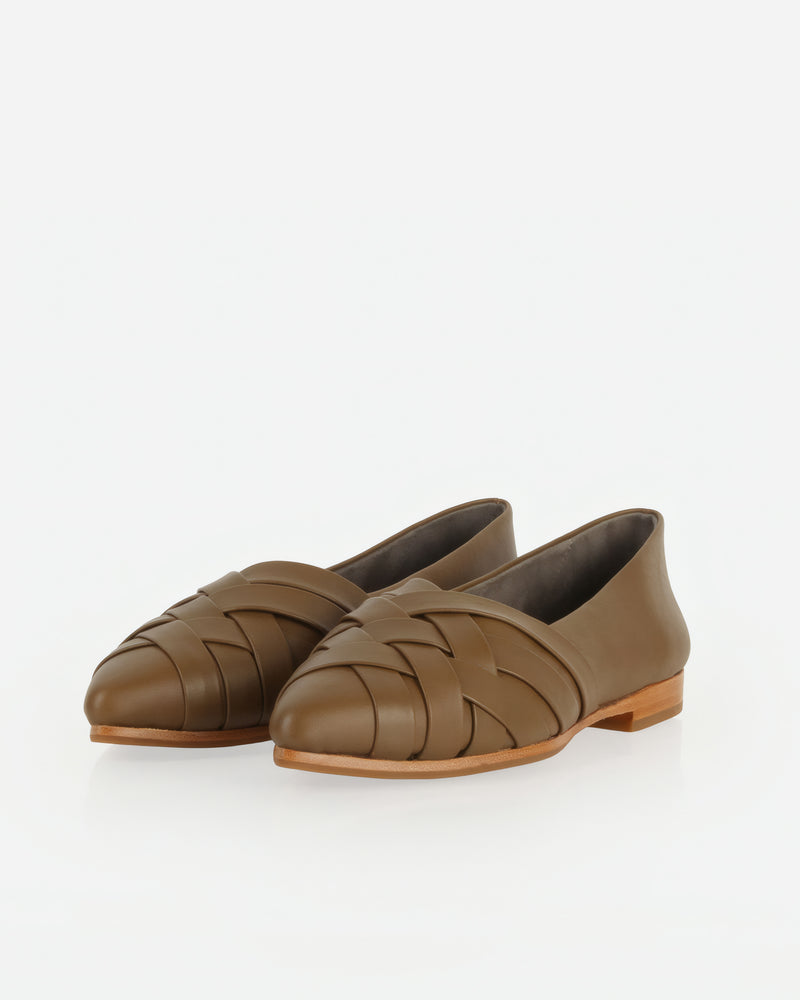 Pair of The Athena Flat Tapenade in Green, Brown smooth leather. Sizes 5–12, wide available