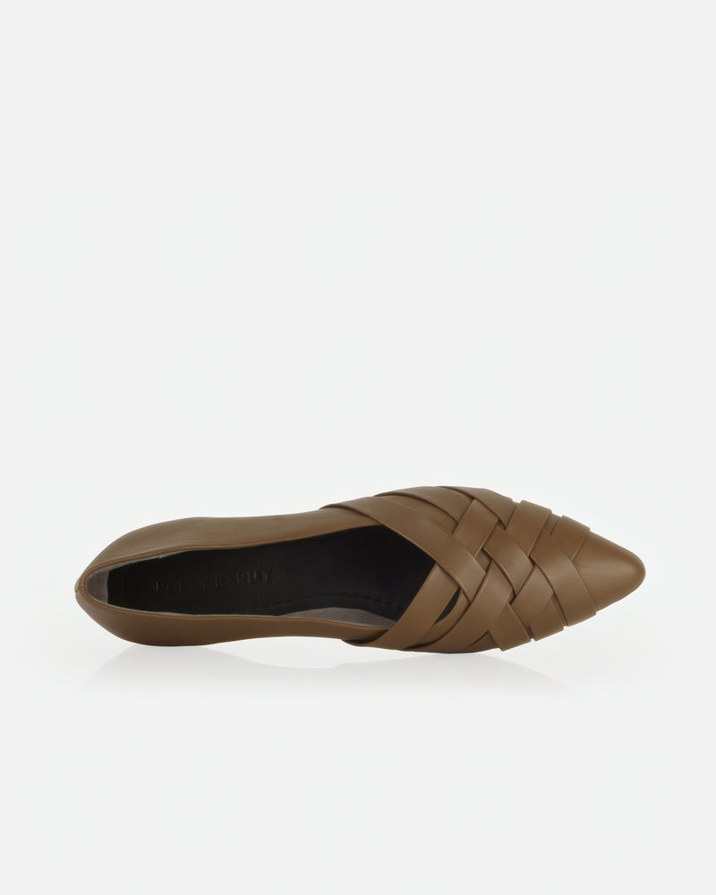 Flat lay of The Athena Flat Tapenade in Green, Brown smooth leather. Sizes 5–12, wide available