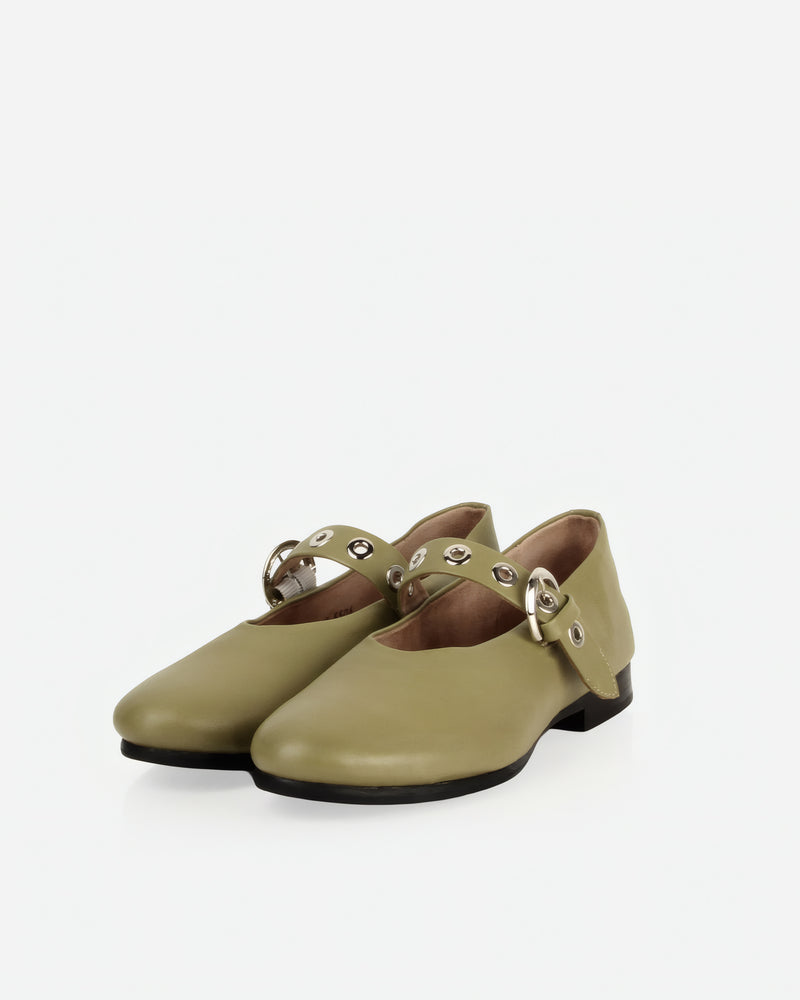 Pair of The BLVD Mary Jane Matcha in Green smooth leather. Sizes 5–12