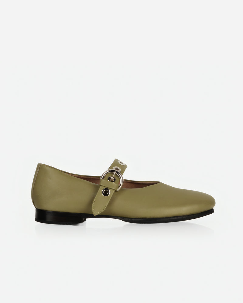 Side view of The BLVD Mary Jane Matcha in Green smooth leather. Sizes 5–12
