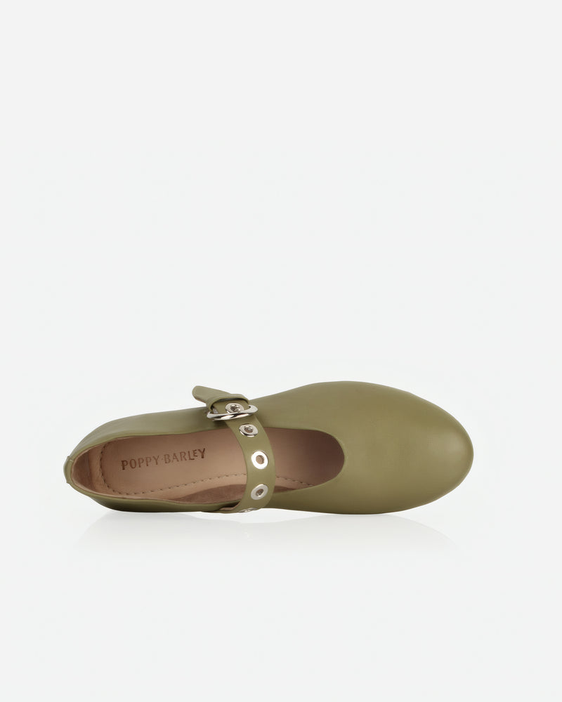 Top view of The BLVD Mary Jane Matcha in Green smooth leather. Sizes 5–12
