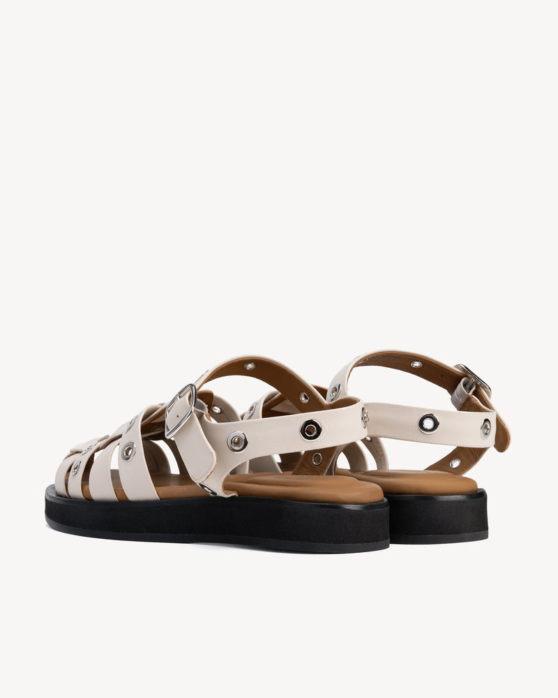 Back view of The Beachcomber Sandal Oat Milk and Silver in White, Neutral smooth leather. Sizes 5–12