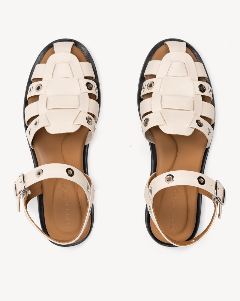 Top view of The Beachcomber Sandal Oat Milk and Silver in White, Neutral smooth leather. Sizes 5–12
