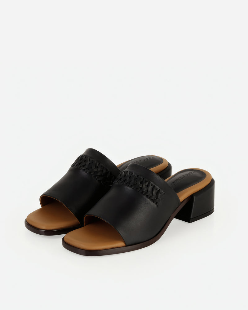 Pair of The Bohème Heeled Sandal Black in smooth leather. Sizes 5–12