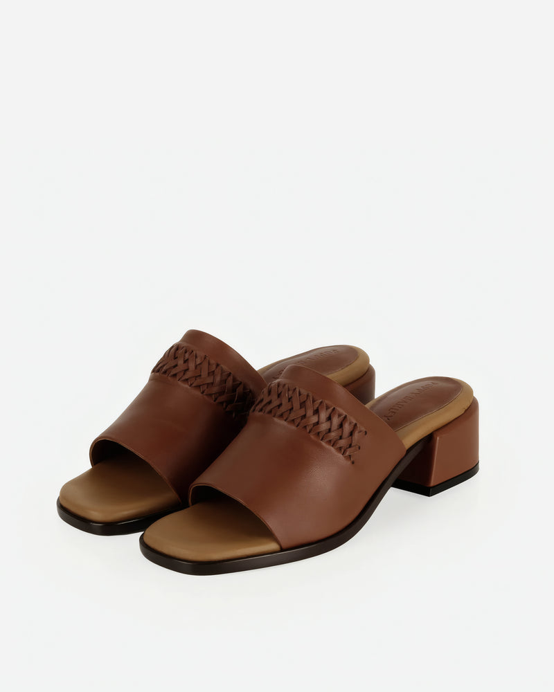Pair of The Bohème Heeled Sandal Hazelnut in Brown smooth leather. Sizes 5–12