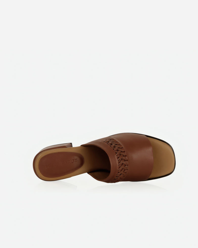 Heel detail of The Bohème Heeled Sandal Hazelnut in Brown smooth leather. Sizes 5–12