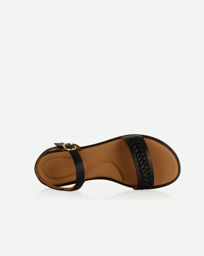 Top view of The Bohème Sandal Black in smooth leather. Sizes 5–12, wide available