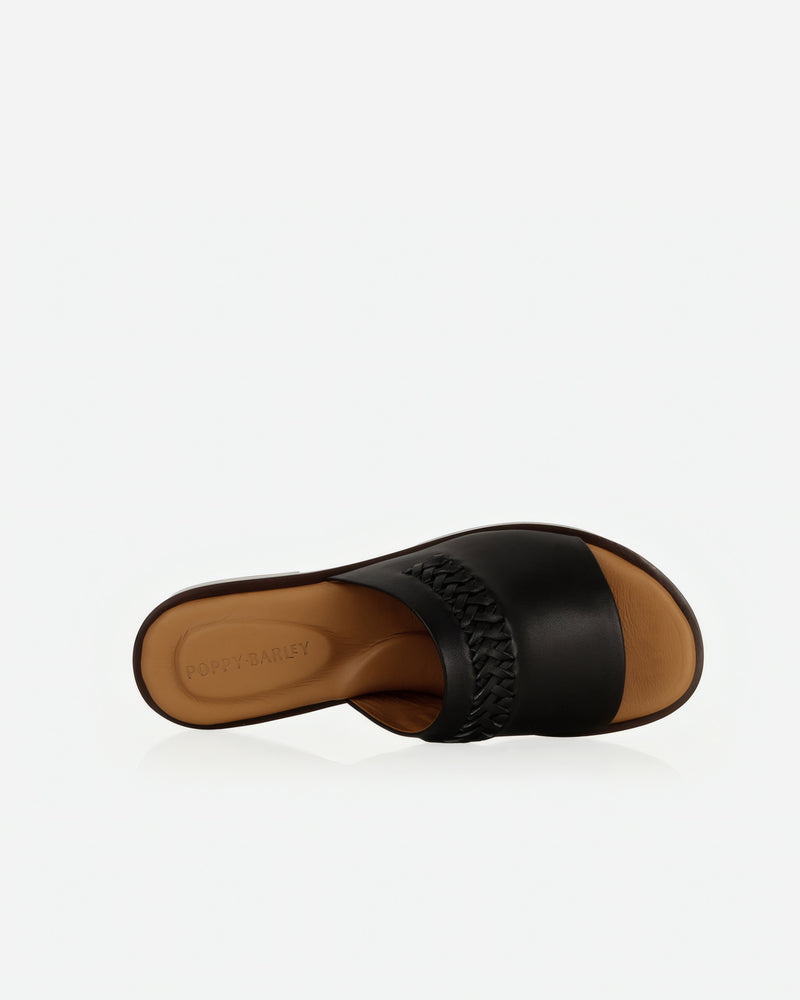 Top view of The Bohème Slide Black in smooth leather. Sizes 5–12
