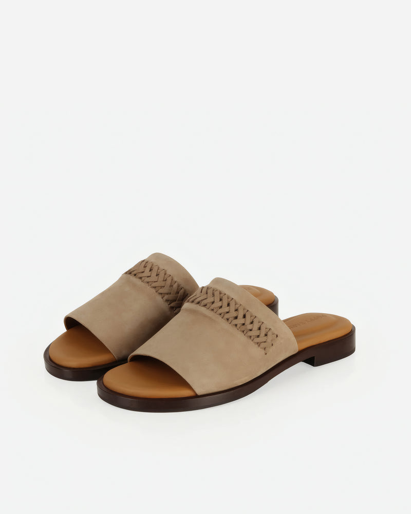 Pair of The Bohème Slide Clay in Neutral, Brown nubuck. Sizes 5–12