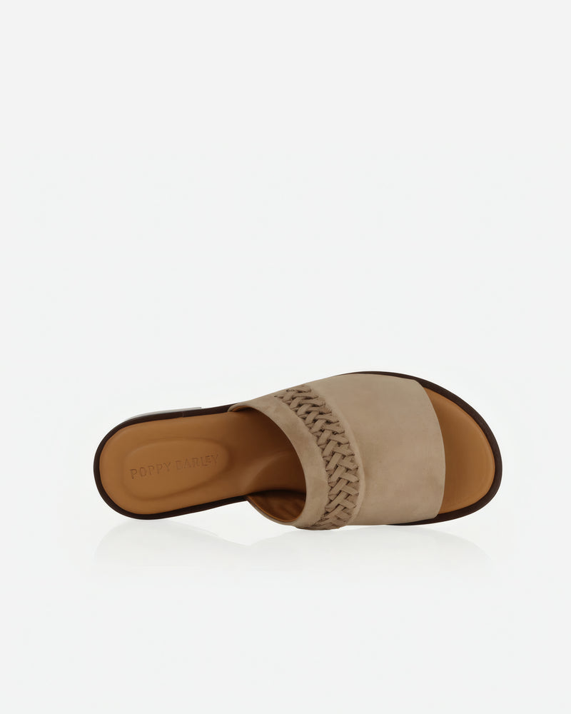 Top view of The Bohème Slide Clay in Neutral, Brown nubuck. Sizes 5–12
