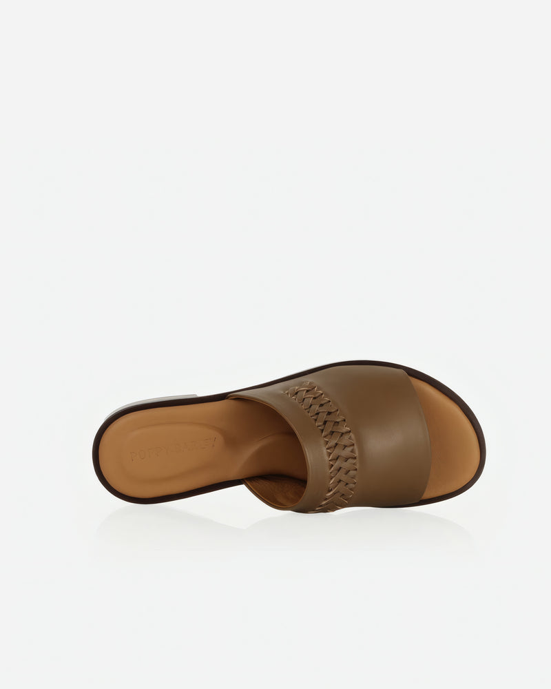 Top view of The Bohème Slide Tapenade in Green, Brown smooth leather. Sizes 5–12, wide available