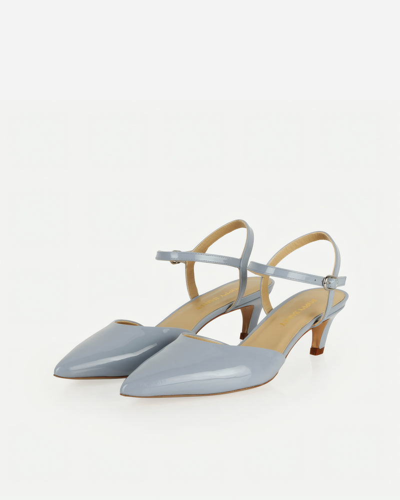 Pair of The Claire Kitten Heel Horizon Blue Patent in Blue Horizon leather. Sizes 5–12