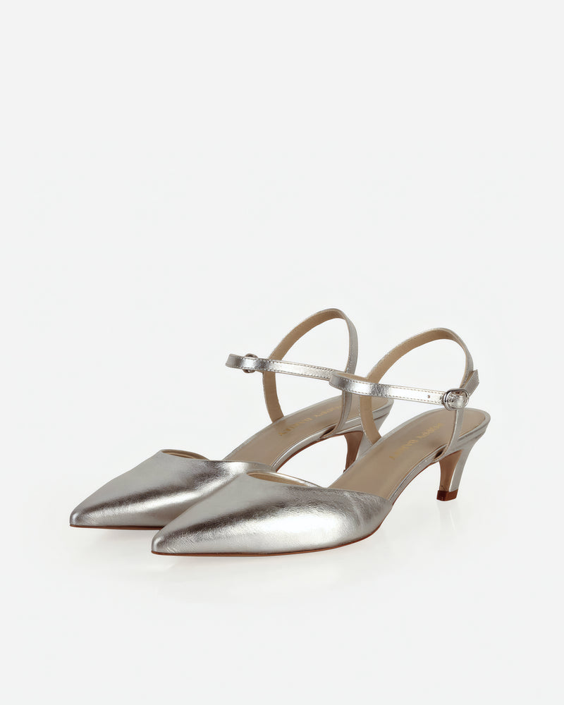 Pair of The Claire Kitten Heel Silver Crinkle in Metallic leather. Sizes 5–12