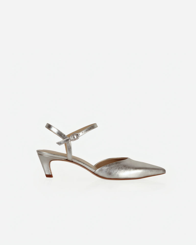 Heel detail of The Claire Kitten Heel Silver Crinkle in Metallic leather. Sizes 5–12