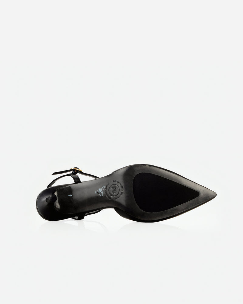 Back view of The Claire Slingback Black in Black smooth leather. Sizes 5–12, wide available