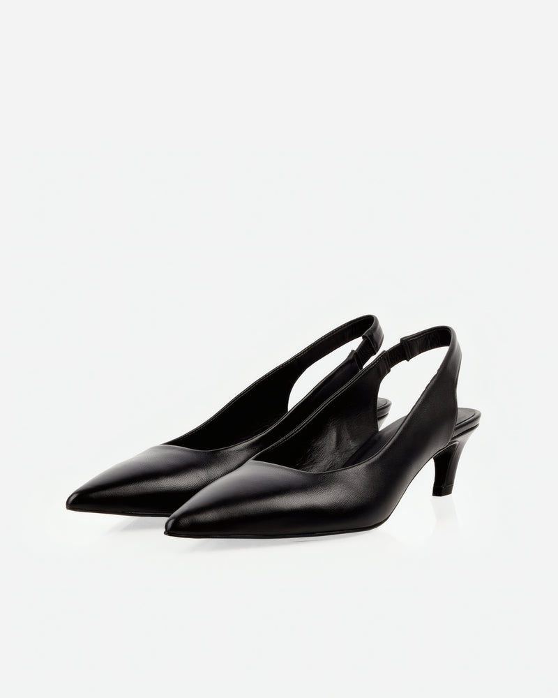 Pair of The Claire Slingback Black in Black smooth leather. Sizes 5–12, wide available