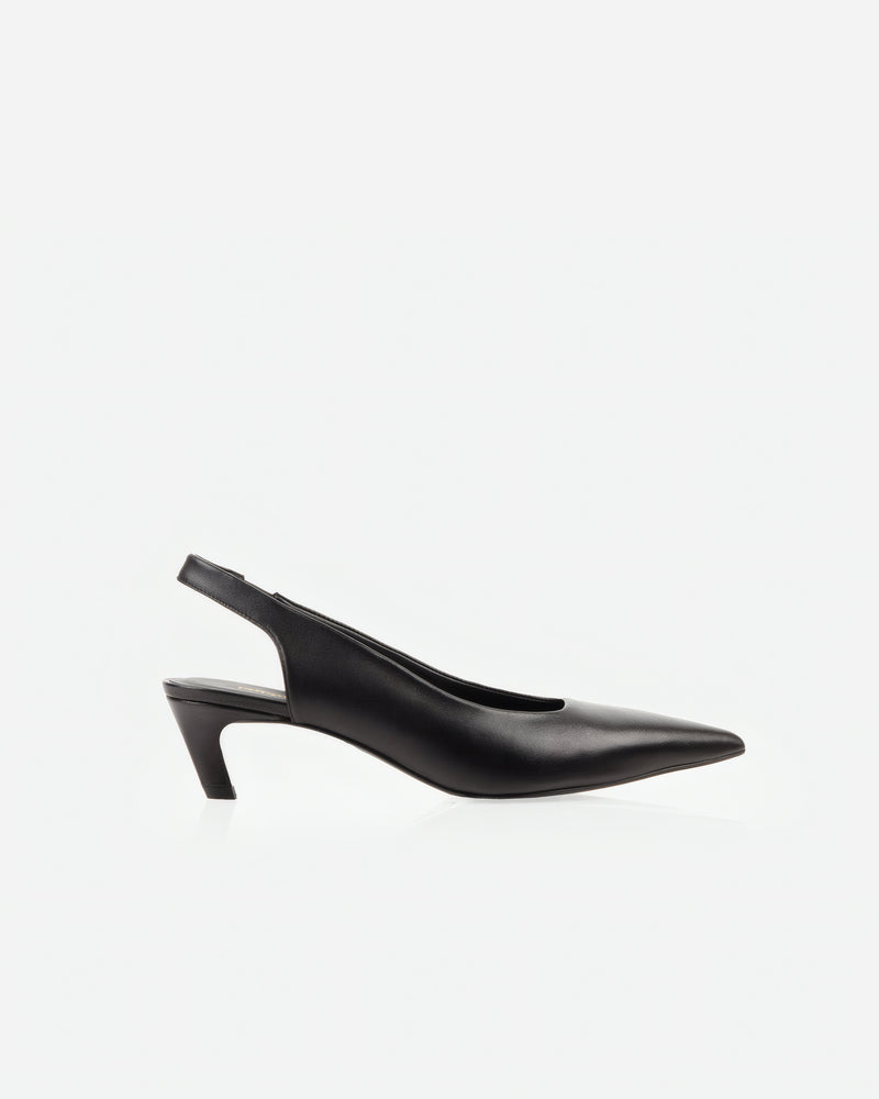 Back view of The Claire Slingback Black in Black smooth leather. Sizes 5–12, wide available