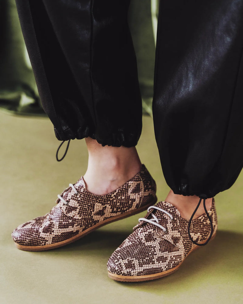 Woman wearing desert snake print lace-up oxfords. The Eyelet Oxford 2.0 Desert Snake. Sizes 5–12, available in wide.
