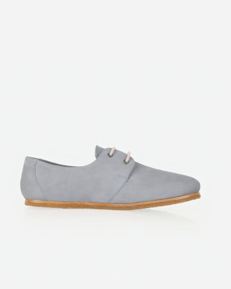 Side view of The Eyelet Oxford 2.0 Bluebell in Blue nubuck. Sizes 5–12, wide available