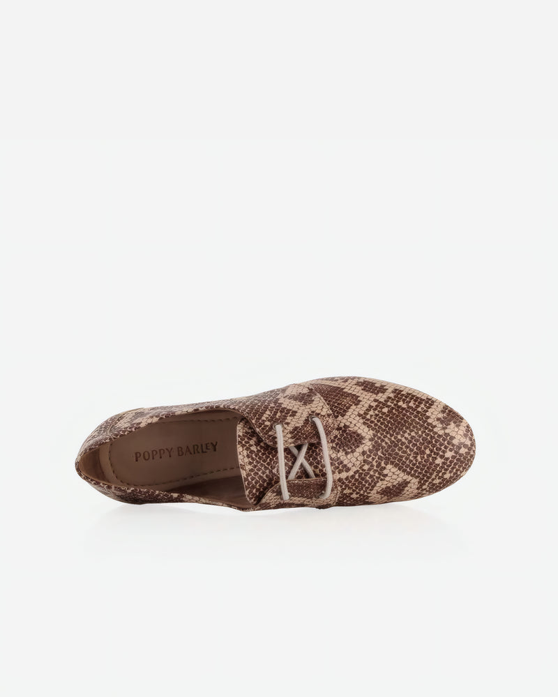 Top view of The Eyelet Oxford 2.0 Desert Snake in Animal Print leather. Sizes 5–12, wide available